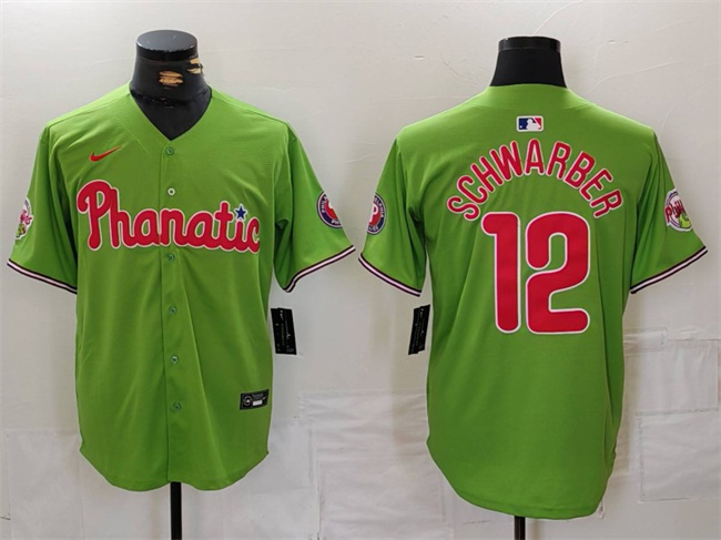 Men's Philadelphia Phillies #12 Kyle Schwarber Green With Patch Stitched Jersey Men's Philadelphia Phillies #12 Kyle Schwarber Green With Patch Stitched Jersey